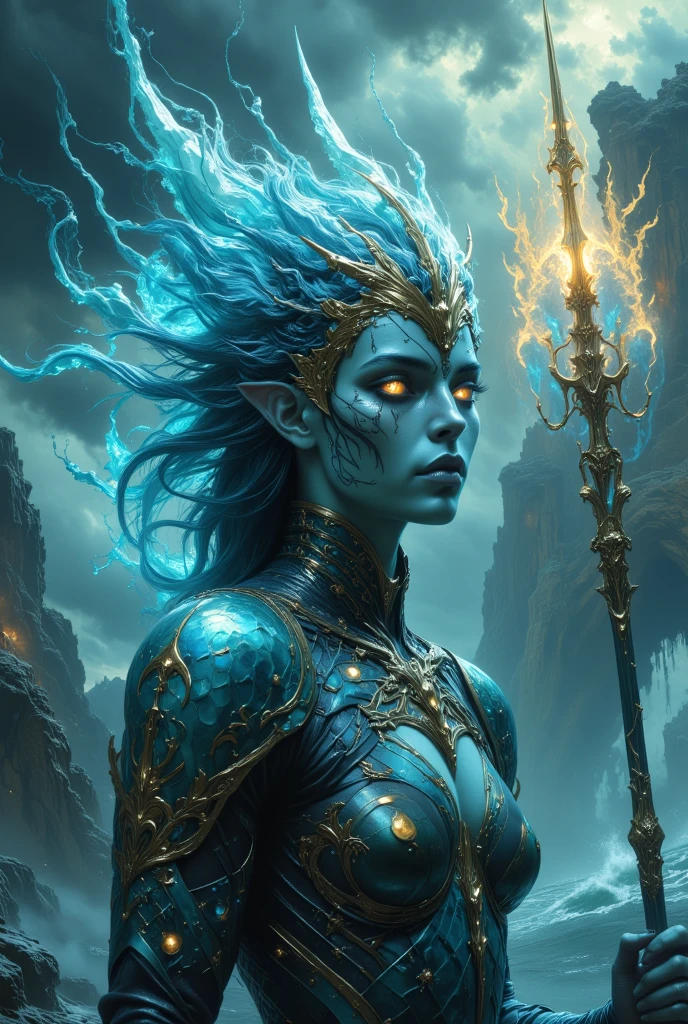 high details, best quality, 16k, [ultra detailed], masterpiece, best quality, (extremely detailed), full body, ultra wide shot, RAW, photorealistic, fantasy art, dnd art, rpg art, realistic art, an ultra wide picture of a mermaid (1.5 intricate details, Masterpiece, best quality) water mage casting ((water control spell)), water wizard ((water magic, intense magic details)), ((controlling a swirling mass of water)), magical symbols GlowingRunes_pink, female mermaid, blue skin, green hair, long hair, swirling hair, lower body tail fin, intense eyes, small pointed ears, ((blue eyes)), ((glowing eyes)), armed with magical wand, wearing sea shell clothing, beautiful mermaid, underwater background, rich underwater life, ((magical atmosphere)), fish and sea weeds, speedpainting high details, best quality, highres, ultra wide angle
