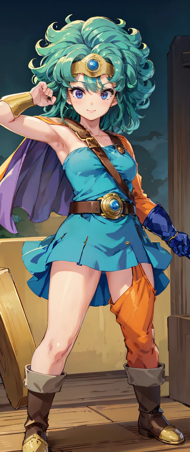 (masterpiece, best quality), 1girl,  KnightFFT, long hair, blonde hair, blue eyes, cape, YELLOW BIKINI belt, gloves, boots