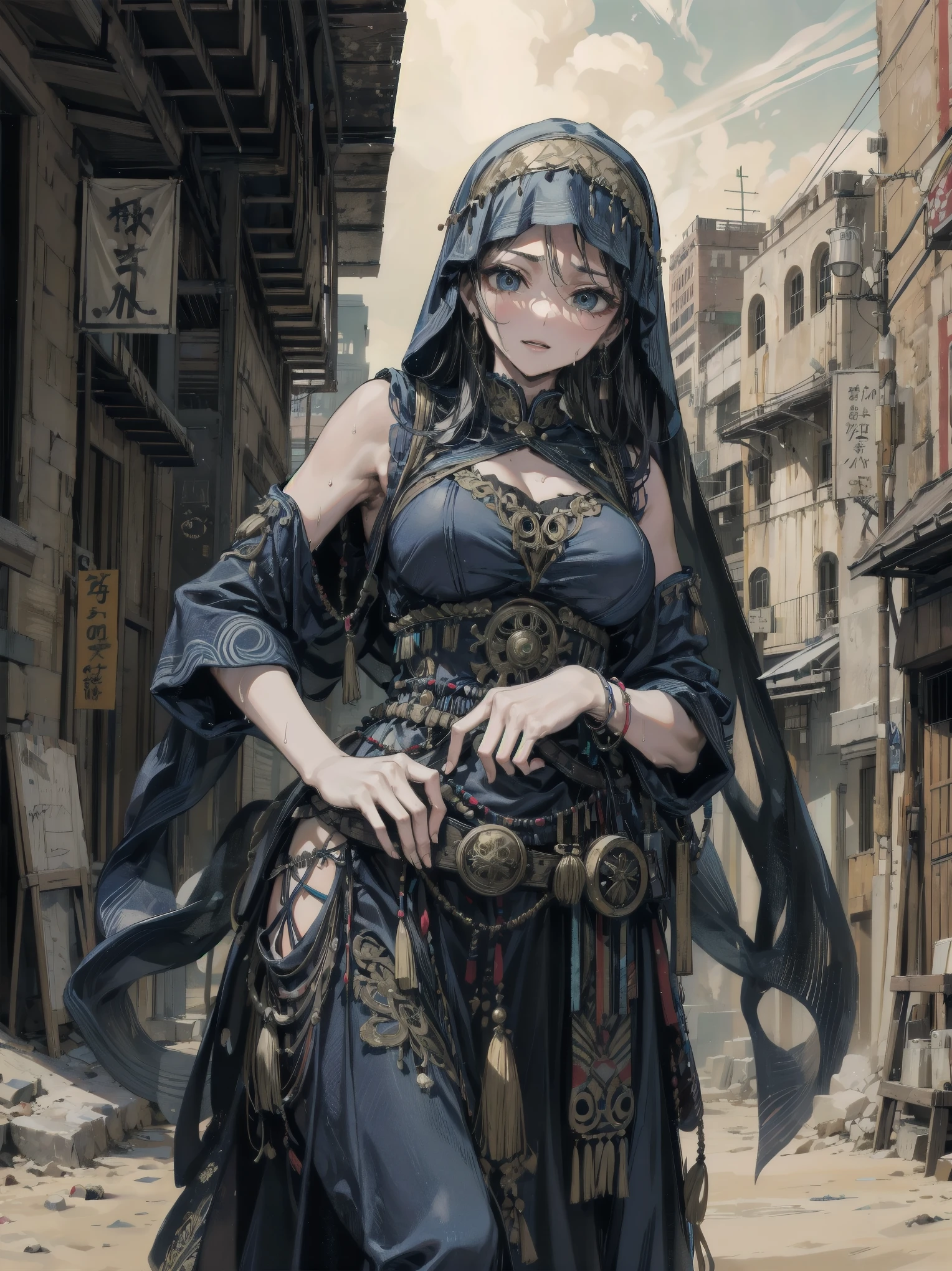 8k,High -level, absurd, masterpiece, best quality, primitive, very detailed CG, very detailed wallpaper, perfect lighting, Jitome, lips, makeup, desert, broken temple, wh_chi_armor,
