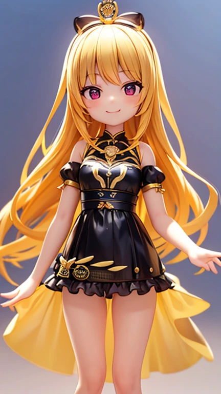 masterpiece, best quality, highres, aacoco, long hair, blonde hair, blunt bangs, choker, frills, yellow dress, sleeveless, yellow gloves, yellow skirt, <lora:coco_v1:0.7>, cowboy shot, standing, outdoors, smile