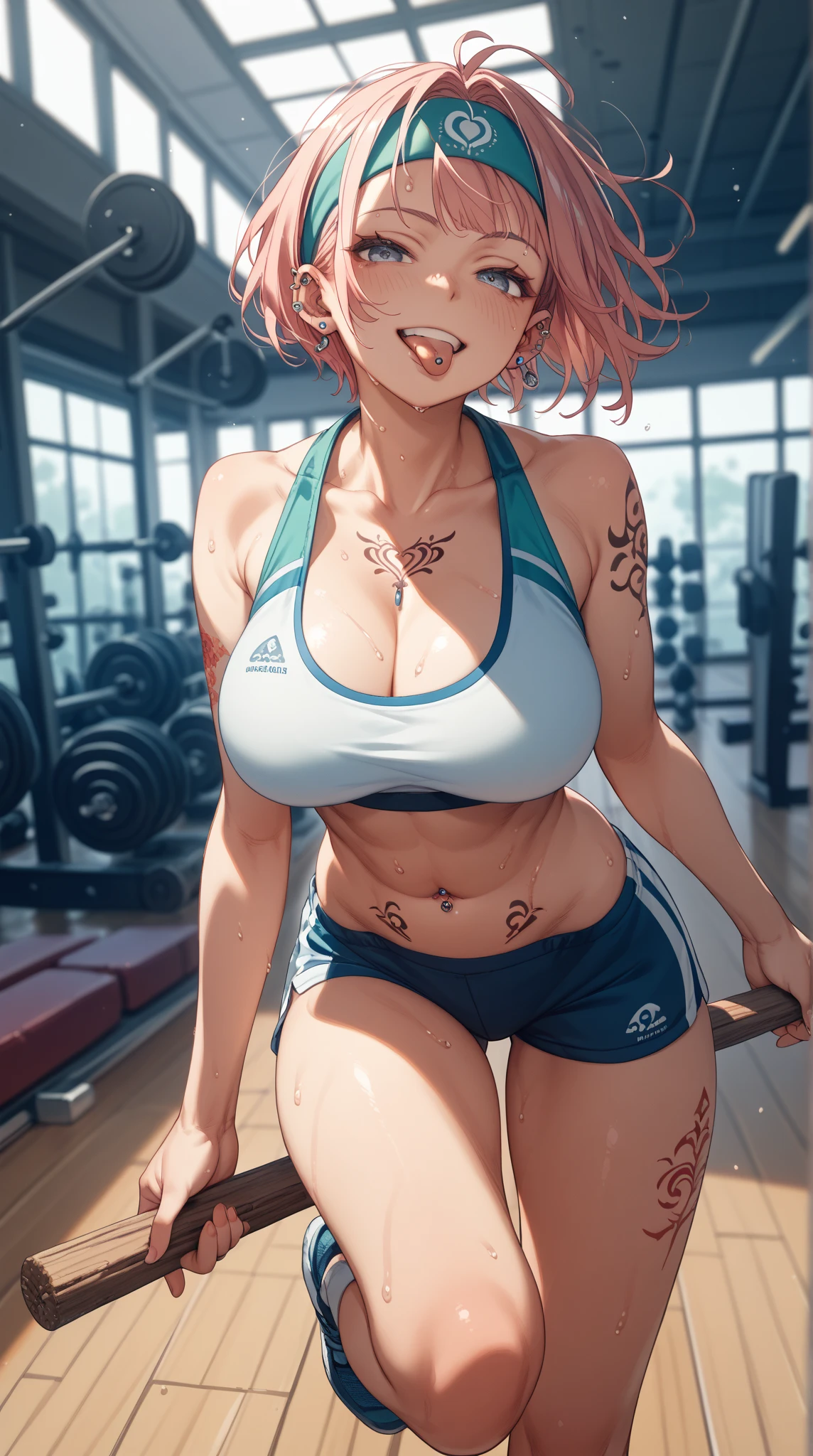 Solo, short beautiful adult women, chubby, tan skin, blue eyes, freckles, short pixie cut hair, messy hair, pink hair, big round glasses, (shiny tan skin), cute, jacket falling off, tik tok yoga pants, heels, open cleavage tank top, visible cleavage, freckles on chest, beauty marks on body,