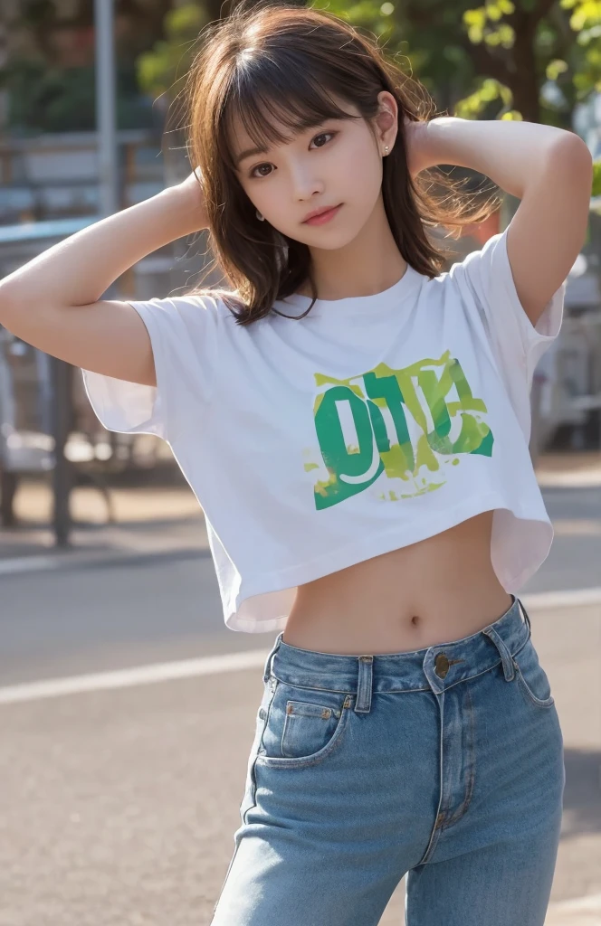 (1girl:1.3), Solo, _ Kim Ji-ni Jennie Face, wearing yellow armband sweater, cropped style, white bandeau underwear, shorts, sexy, cute, white socks, background campus, full body photo, looking at the audience, world-weary face, cold eyes, Korean style photo photos, photographic lighting, strong contrast, sunlight on the face, world-weary face, high-end sense, 8k resolution image, intricate symmetrical details. Smooth action, full picture.
