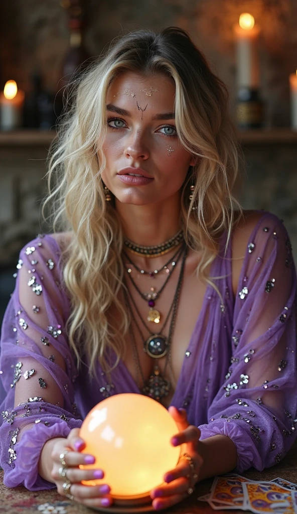 pretty girl Magical Taoist magic circle sexy blonde Sparkling eyes Lightning Staff Jewelry box Amethyst Pendant A pale blue pillar of flame swirls..whole body Dynamic Crystal