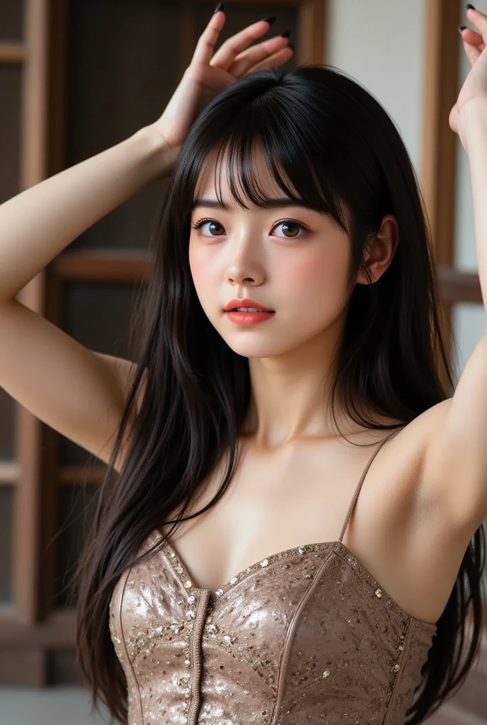 smile、Raw photo、(((ultimate beauty portrait)))、((glowing skin))、((rich bust))、Japanese、20age、white blouse、small mole on chest、bright red lips、Black lace underwear、bright look、((brown hair))、(cleavage)、Long flared skirt、((Big eyes that shine like jewels))、(((open your clothes)))、pantyhose、Glossy and glossy skin、((Long straight hair))、(silky hair)、(standing)、(from below)、From the side、eyeliner、beautiful bangs、hair between eyes、((masterpiece、最high quality、super detailed、film light、intricate details、High resolution、very detailed))、detailed background、8KUHD、Digital single-lens reflex camera、soft light、high quality、film grain、Fujifilm XT3 、shallow depth of field、natural soft light、