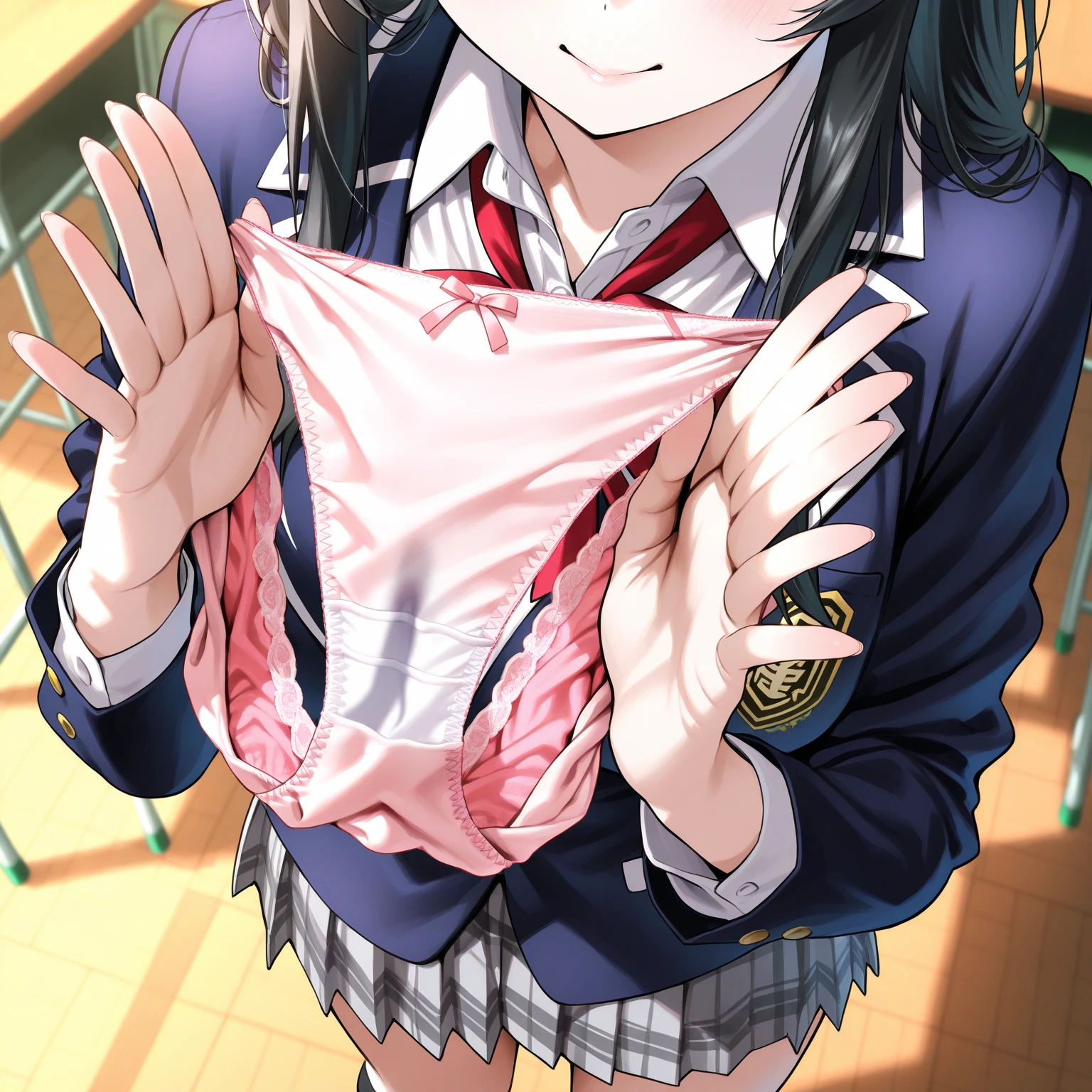 A male student lifts up the checkered skirt of a girl with short black bob hair wearing a blazer uniform from the front, exposing her panties