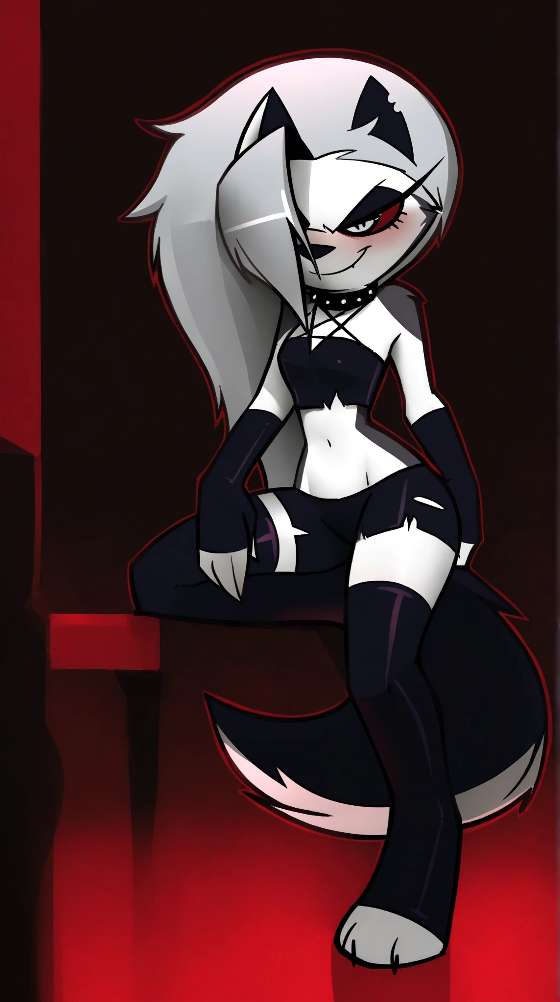 1girl, solo, red eyes, Loona, Loona \(Helluva Boss\), Anthro, furry, thigh highs, fingerless gloves, Shorts, Crop top