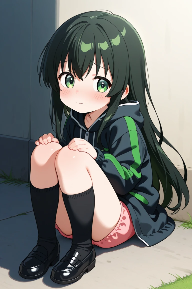 (1girl), bottomless, anime style, polished and powerful look, exotic, girl design, mara, portrait, giesha, anime image, with yellow green side tail long hair, showing shoulder, black and green punk hoodie, low angle, wide angle lens f/2.8, ultra insane high resolution intricate textures, texture indentation, perfect perspective, perfect geometry, ultra insane ambient lighting, ultra insane ambient shadows, luminism, tessellation, maximalism, perfectionism, IPA Award wining masterpiece, full body, sex