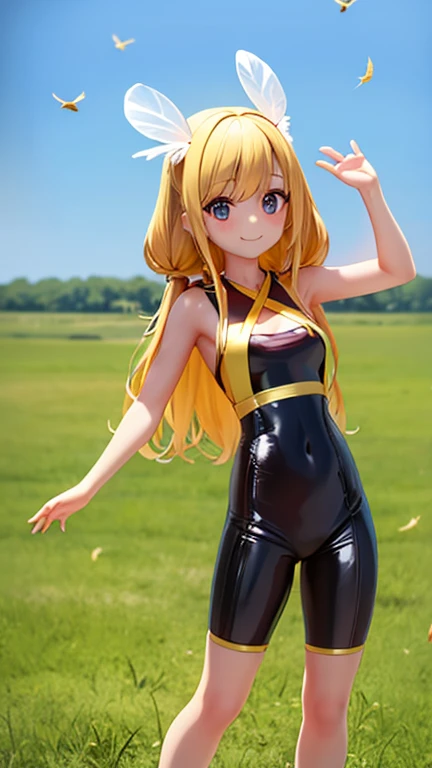 top-quality、Full limbs、complete fingers、One beautiful woman、Beautiful Large Breasts、((straight haired、blondehair))、((Yellow long-sleeved leotard、Leotard with exposed sides、Dark brown pantyhose))、A big smile、An amusement park、sexypose、Ride the Ferris wheel