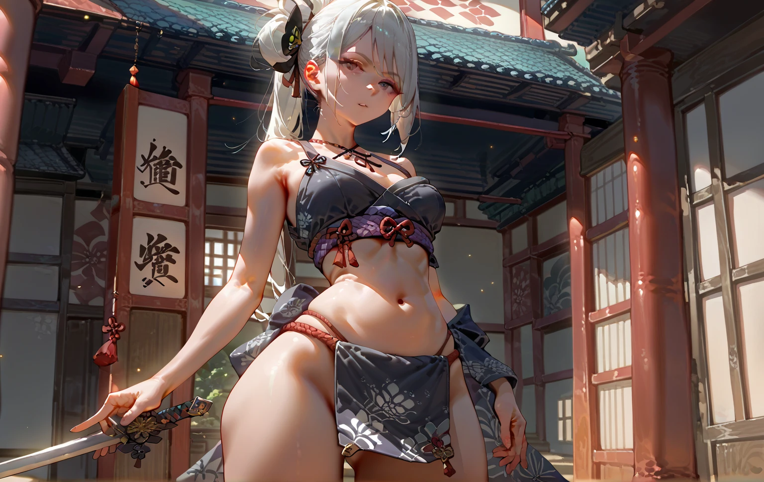 Female warrior, ferocious fighting posture, shy eyes, big breasts exposing her breasts and navel, a hint of pink on top of her head, well-developed muscles, wearing a white high-slit kimono with the effect of damage and wear, full body portrait, kimono length adjusted to thighs length, the slits of the kimono are decorated with tassels or other accessories. Fall backwards to the floor, spread your legs subtly, and show a pained expression