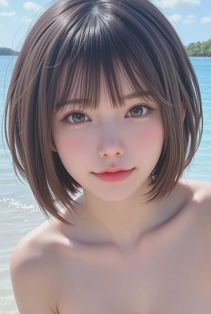 (((Loose, Shoulder-length fluffy brown mini bob hairstyle)))、(((cute, slightly chubby round face)))、(((She has Lanikai Beach in the background、Posing like a model in a hair salon.)))、(((ランダムcuteマイクロビキニ)))、Face close-up、Half Japanese, Half Korean、18-year-old girl、Independent、I'm looking forward to、Light eye makeup、Brown Hair Color、Flat 、Hair blowing in the wind、Quality of actress、Shiny, Ultra-realistic faces、smile、Watery eye、look up、Subtle lighting effects、 Ultra-Realistic Capture、Very detailed、High resolution 16K human skin closeup。Skin texture must be natural、The detail must be such that the pores are clearly visible.、skin is healthy、Even Tone、Use natural light and colour、High quality images taken by modeling agencies'Exclusive photographer、smile