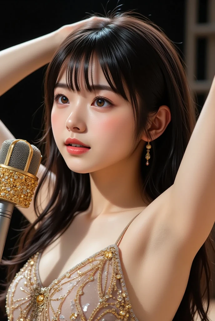 (masterpiece,best quality:1.4),(absurdres:1.3),((8k)),((super resolution:1.4)),(raw photo,photo realistic:1.2),(shiny skin),extremely detailed skin,detailed face,detailed eyes,sparkling eyes,Detailed hand,Detailed Hair,Detailed Background,,((Detailed cute Idol dress,cleavage,holding microphone,Tokyo Dome, Yokohama ArenaConcert,stage)),1girl,upper body,Japanese idol,Elaborate design,extremely beautiful face,brown hair,Hair ornament, fair-skinned ,random hairstyle,Indoor, pretty girl singing,,nsfw,show Lace panties,sit,Front view from below:1.3,Cute idol costumes with nogisaka