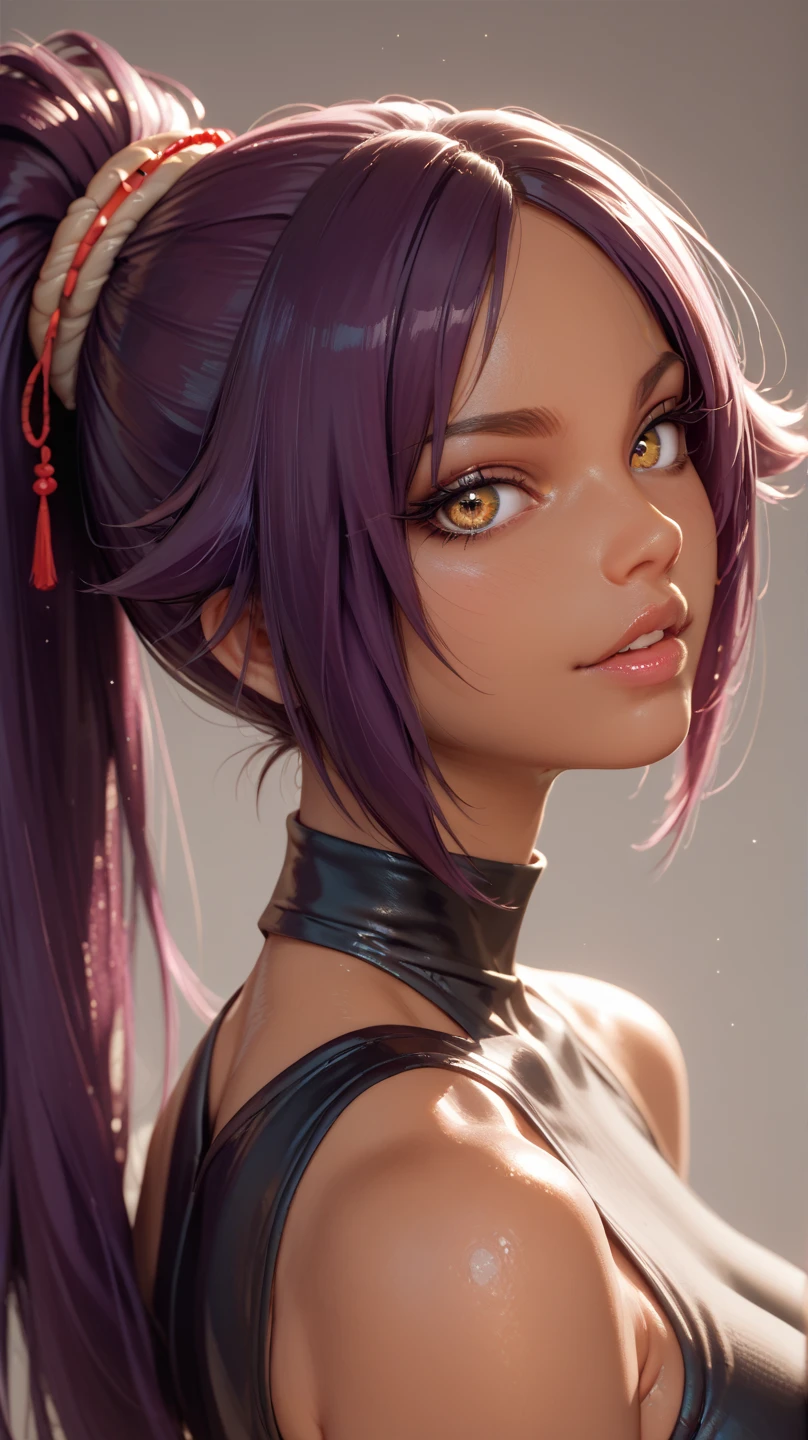 best quality, expressive eyes, perfect face, close up on face, yoruichi shihouin, dark skin, dark-skinned female, bare shoulders, ((black leotard)), black clothe, yellow eyes, purple hair, long hair, ponytail, post-apocalyptic, blue sky