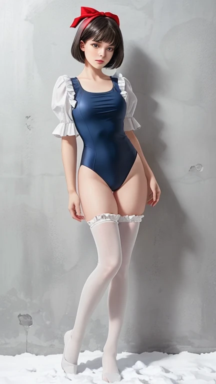 of the highest quality, 8K, 16 K, Anatomically correct, masutepiece, Ultra High Resolution, (Realism: 1.4), Raw photo, 1 adult female, Made in the UK, Ruffled headband, Ponytail, Braided hair, Ribbon tie, High-cut swimwear , over-kneehighs, White silk knee-high stockings, Competitive swimsuit maid,Glowing skin, collars, chains, Glasses, trembling, Shackles, a sultry, saliva trail