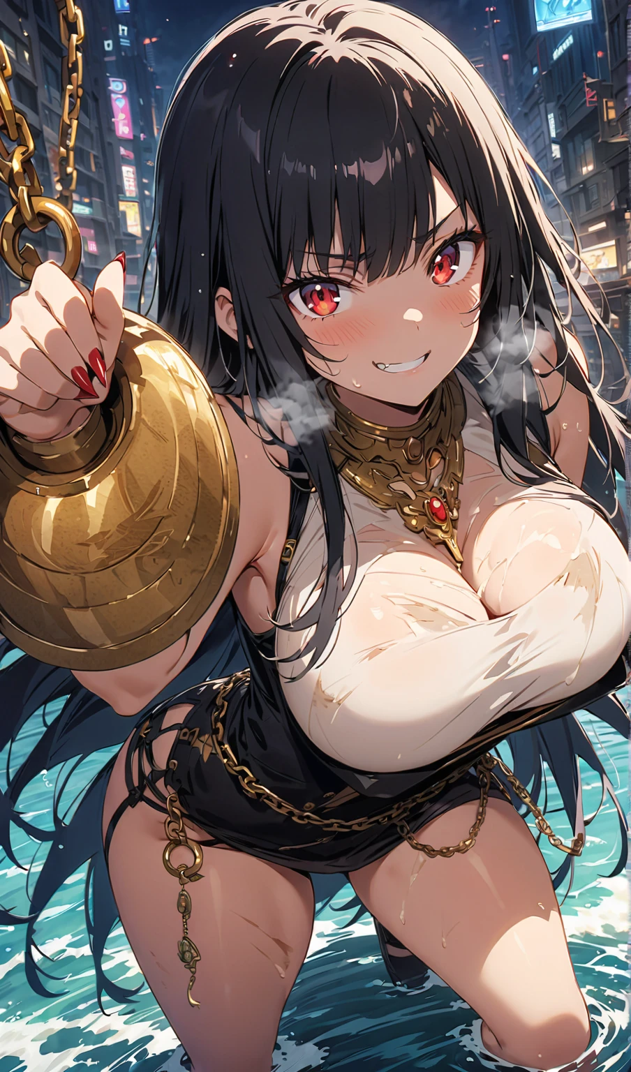 (Black Myth Wukong) A sexy belly dancer (asian woman, large breasts, large butt, sheer dress made of several veils, beetled bra, hourglass figure, laughing face of Black Myth Wukong, dark hairy powerful ape arms) is making a surprised face and shoving a pear in the enemy general, war tent lit with torches, tables of drunken confused warriors. camera is at the evil general