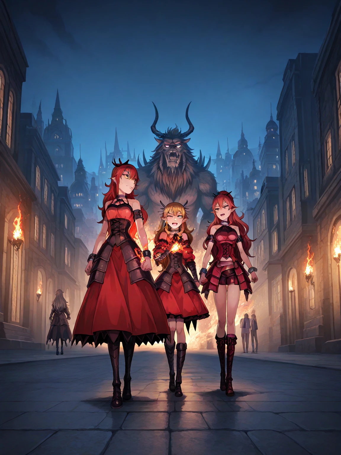 high score, masterpiece, Highest Quality, high image quality, detailed background, very delicate and beautiful, Smooth Hair, (two girls, Path of the Beast, A story about Salaryman Who Goes to Another World and Becomes the Four Heavenly Kings, Fafneel Guild Merag Linda Blair and Ullmander are putting flames out of their mouths together), city, night