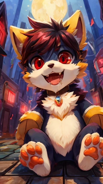 purple color-theme,Furry,Red fur,White belly,catss,Felidae,Shota,adolable,Young style,male people,Handsome,Barefoot paws,canine feet,Big perspective,anatomy correct,Correct limbs,fantasy,magia