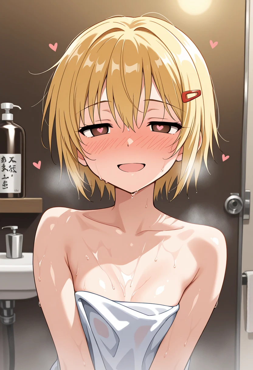 14 yo girl blonde latina, orphan, black bandana on head, flat chest,smile, cinematographic, barely naked, topless,taking a bath