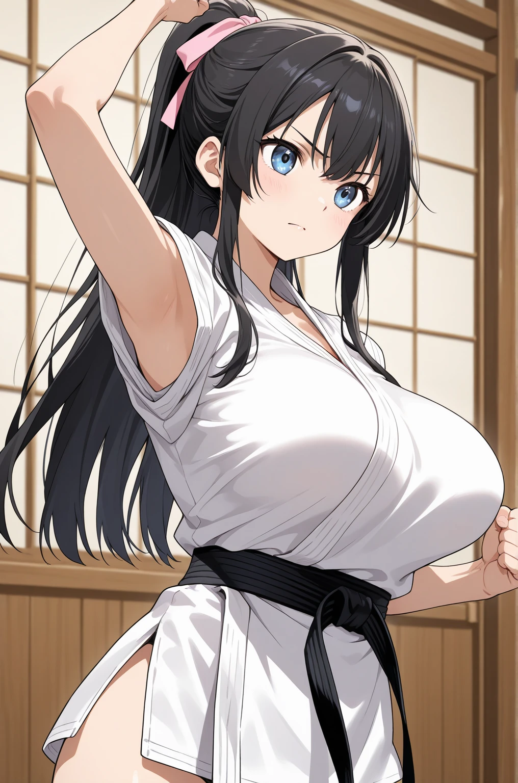 east asian architecture, tatami, kneeling,
white kimono,japanese clothes,wide sleeves,long sleeves,collarbone, cleavage,
<lora:Aoi_IThinkofYou-KK77-V1:0.7>,blue hakama, blue skirt,
RED eyes, black hair,bangs,Long hair,high ponytail, hair ornament,
<lora:Oda_Non_Style-KK77-V2:0.3>,<lora:more_details:0.1>,
1 girl, 20yo,Young female,Beautiful long legs,Beautiful body,
Beautiful Nose,Beautiful character design, perfect eyes, perfect face,expressive eyes,perfect balance,
looking at viewer,(Focus on her face),closed mouth, (innocent_big_eyes:1.0),(Light_Smile:0.3),
official art,extremely detailed CG unity 8k wallpaper, perfect lighting,Colorful, Bright_Front_face_Lighting,White skin,
(masterpiece:1.0),(best_quality:1.0), ultra high res,4K,ultra-detailed,
photography, 8K, HDR, highres, absurdres:1.2, Kodak portra 400, film grain, blurry background, bokeh:1.2, lens flare, (vibrant_color:1.2),professional photograph,
(Beautiful,large_Breasts:1.4), (beautiful_face:1.5),(narrow_waist),