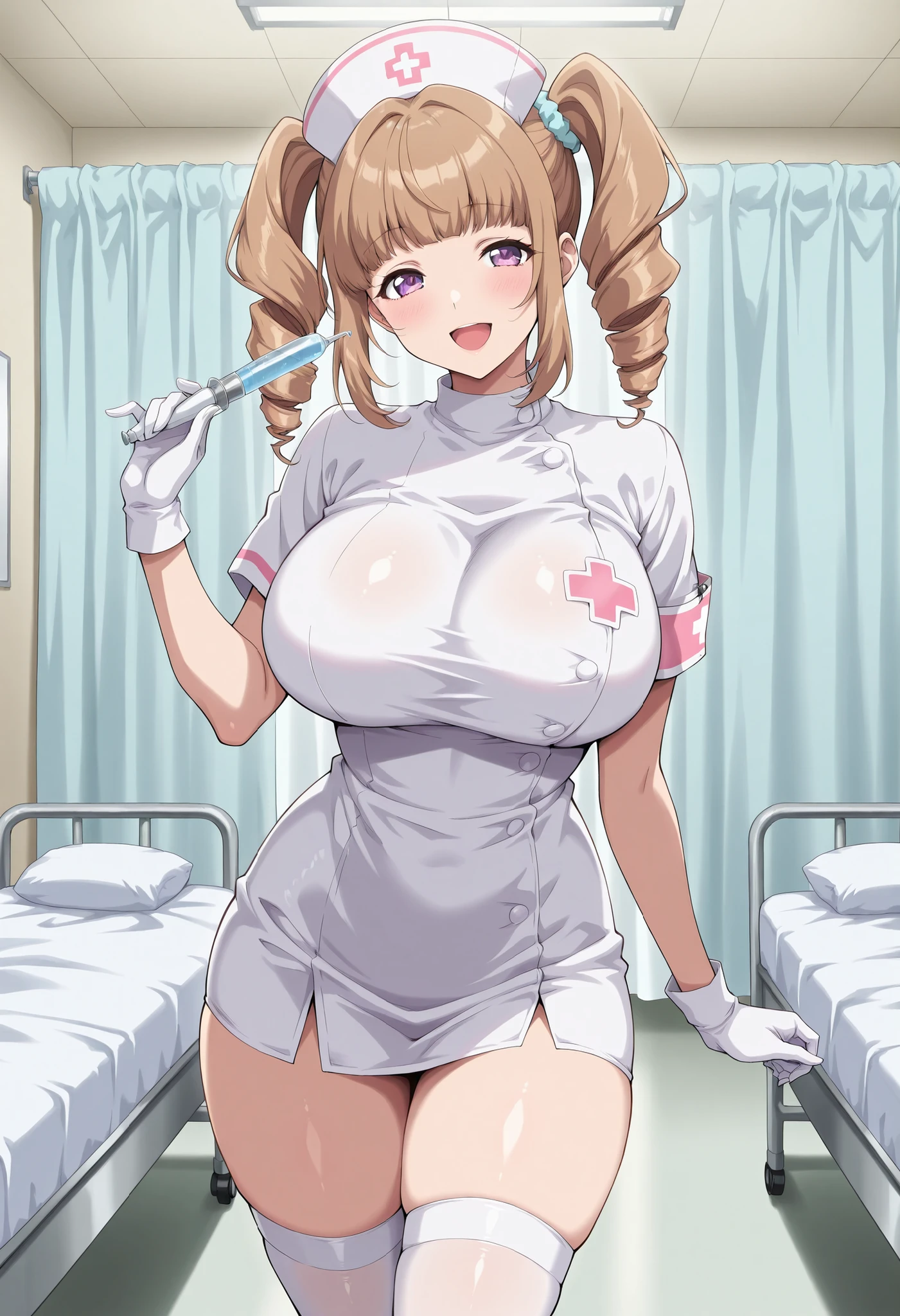 Korean girl , big titties , in a pink nurse costume, blonde hair , masturbating and getting shocked