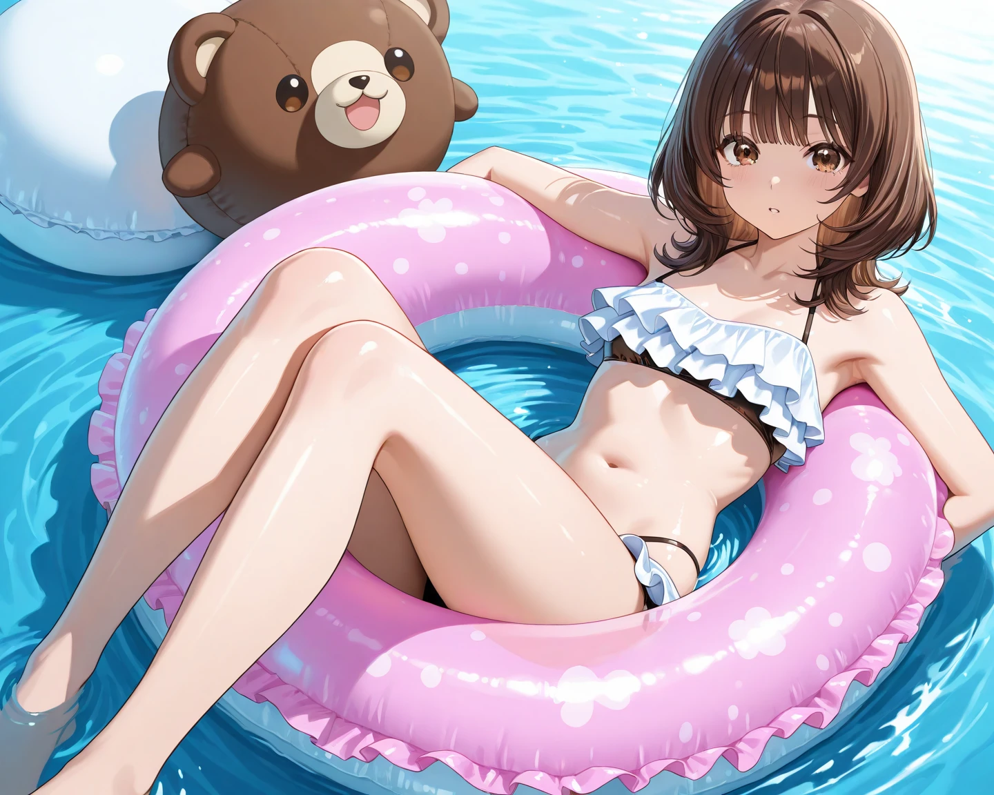 Eating Donuts, School Swimsuit, The background is a world of ice, cute, beautiful, she, cute顔:1.5, Petite:1.5, 15 years old, Long Hair:1.5, ponytail, Brown Hair, Small breasts, uhd, retina, masterpiece, ccurate, anatomically correct, textured skin, super detail, high details, high quality, best quality, highres, 4K