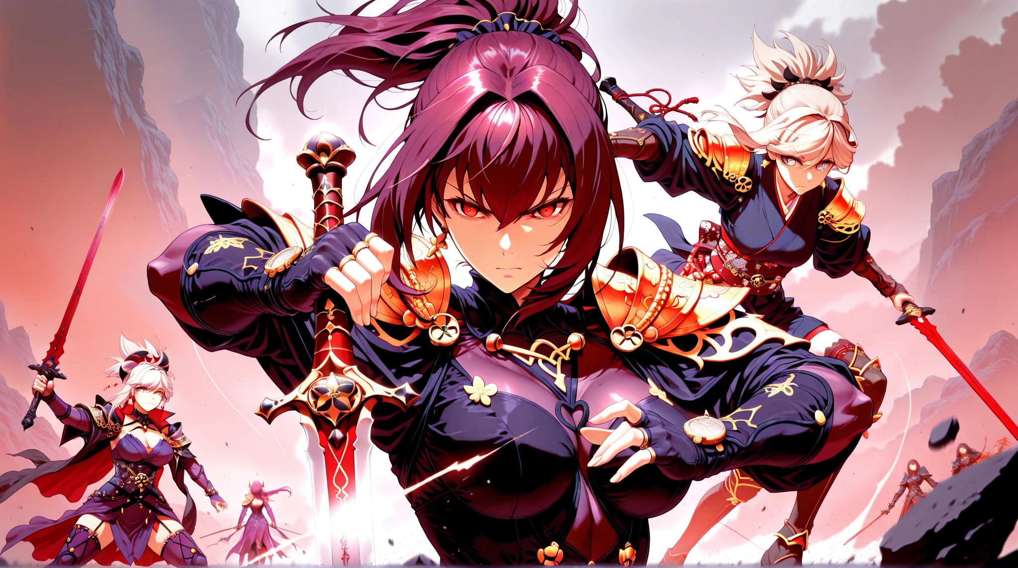 NSFW、sexy、Erotic、Intense battle scenes unfold、It depicts a ferocious figure wielding a legendary giant scythe.。This scythe is a masterpiece、The blade is engraved with a complex and intricate pattern.、その計り知れない力を暗示する輝くgod聖な光を放ちます。This weapon is、脈動して揺らめくgod々Surrounded by New Energy effects、The presence of other worlds is growing。The girl herself、Dark fabrics and intricate, edgy designs、poison々She is wearing a sophisticated and stylish outfit with beautiful embroidery.、He is an impressive person.。Her outfit is、Combining traditional elements with fantasy armor、It exudes a unique and imposing presence.。Her expression is、Filled with fierce determination and indomitable resolve、It matches perfectly with the intensity of the battle.。This scene、Brought to life by dazzling special effects。The contrast between the vivid, piercing light and the deep shadows、It creates a visually stunning backdrop。Lightning rumbles all around、Intense wind and speed effects accentuate the power of her swing.。You can feel the energy and movement of the scene.、It's lively and dynamic.。Around her、The minions of the Dark Shadow gather、Its twisted and eerie form pledges loyalty only to her.。These minions、Add depth and menace to your scenes、It highlights her control over the powers of darkness.。With the city's glittering neon lights as a backdrop、It emits a brilliance that seems out of this world.、It increases the sense of tension and chaos.。The skyscrapers towering above、As the fighting intensifies、The light is flickering。The dramatic angle of the shot、A perspective that highlights the power of the girls and the epic scale of the conflict.、Capturing the moment of high octane、Intensify the action。god聖な光、god々New Energies、The combination of chaotic urban neon lights、Highlight the contrast between light and dark、It symbolizes the ultimate showdown between opposing forces.。