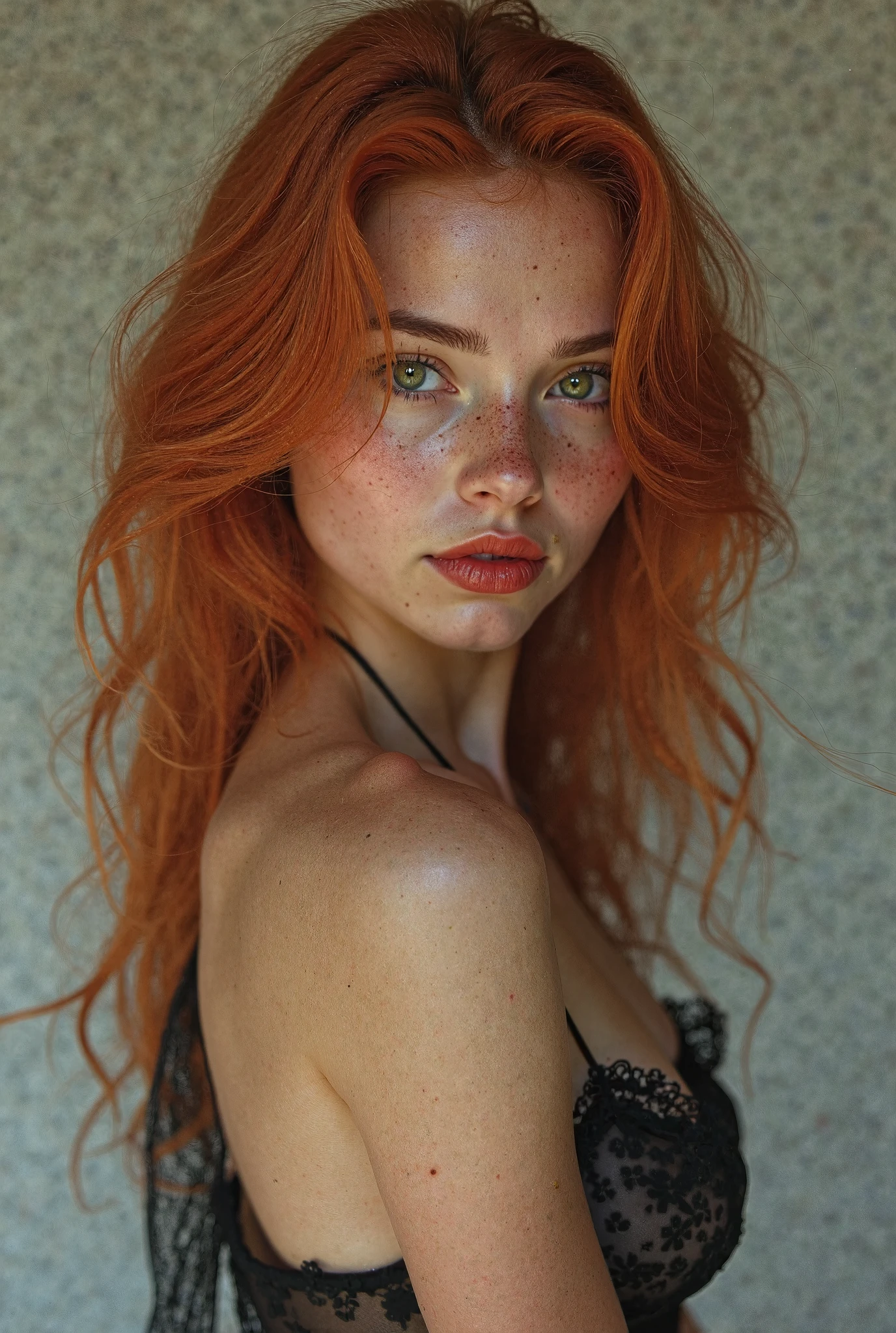 Professional photo of a beautiful young girl, beautiful face, glamor makeup, freckles, long red hair, thin body, large breasts, black bra, simple black background, eye contact, looking at viewer, masterpiece, best quality, perfect detail, perfect face detail, perfect eye detail, perfect skin detail, depth of field, perfect lighting
