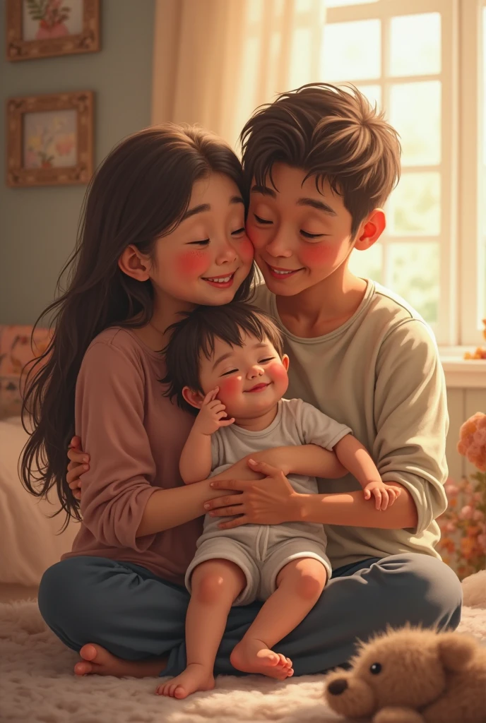 A family with a girl, a and 6 month old girl