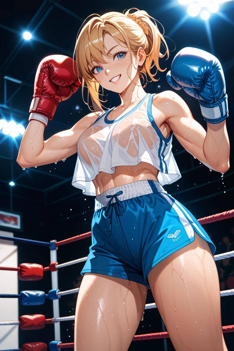 Blue Micro Bikini,Bright golden shorthair,((dark-brown skin)),1 female boxer,((Blue Boxing Gloves)),((Blue knee-high socks without toe)),Ecstatic smile,Sweat and saliva all over the body,((One lady)),A corner of a boxing gym,fullbody image,I'm not wearing shoes,Numerous red bruises on the abdomen,steam