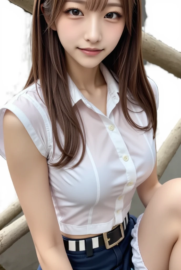 RAW, masterpiece, best quality, extremely detailed, 8k, HDR, photorealistic, intricate, A skinny Asian girl, she has an extremely slim body with narrow and small hips, long straight hair, wearing a short sleeves office shirt and white panties, smile, standing, outdoors