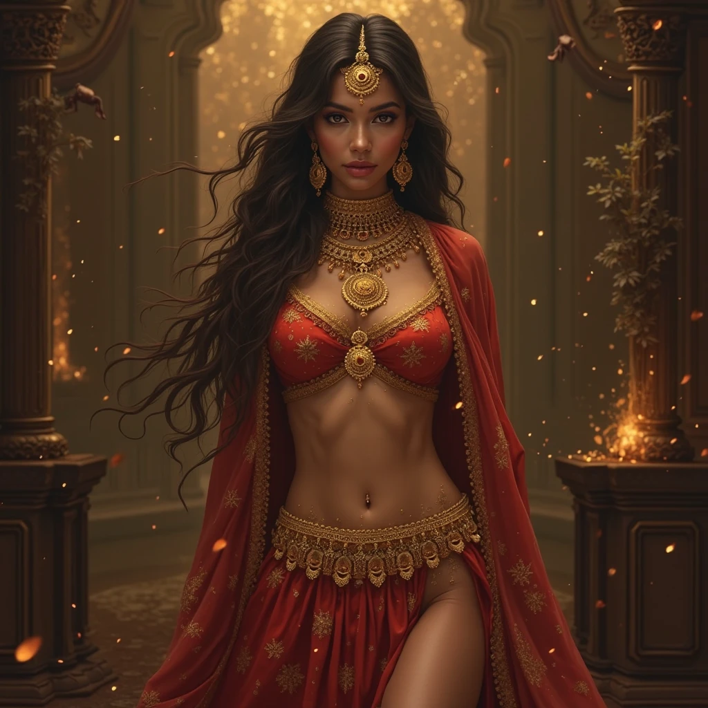 a beautiful indian goddess, slim figure, intricate ornate costuming, south east asian features, long flowing hair, provocative pose, deep cleavage, extremely detailed, hyperrealistic, photorealistic, 8k, cinematic lighting, dramatic colors, hindu aesthetic, stunning beauty, masterpiece