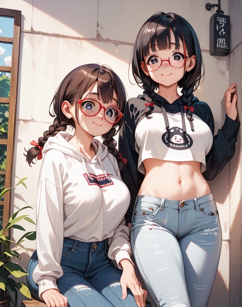 ultra-detailliert, Best Quality, High resolution, ((Two cute little girls with dark hair)), Pretty eyes、Looking at Viewer, pale skin, Petite,（naked）、（I don't wear panties）、(flat chest), (Glasses), (blush:1.2), （big eye:5.0）, An embarrassed smile, NSFW,　、a park、Focus on the face、 (Long hair)