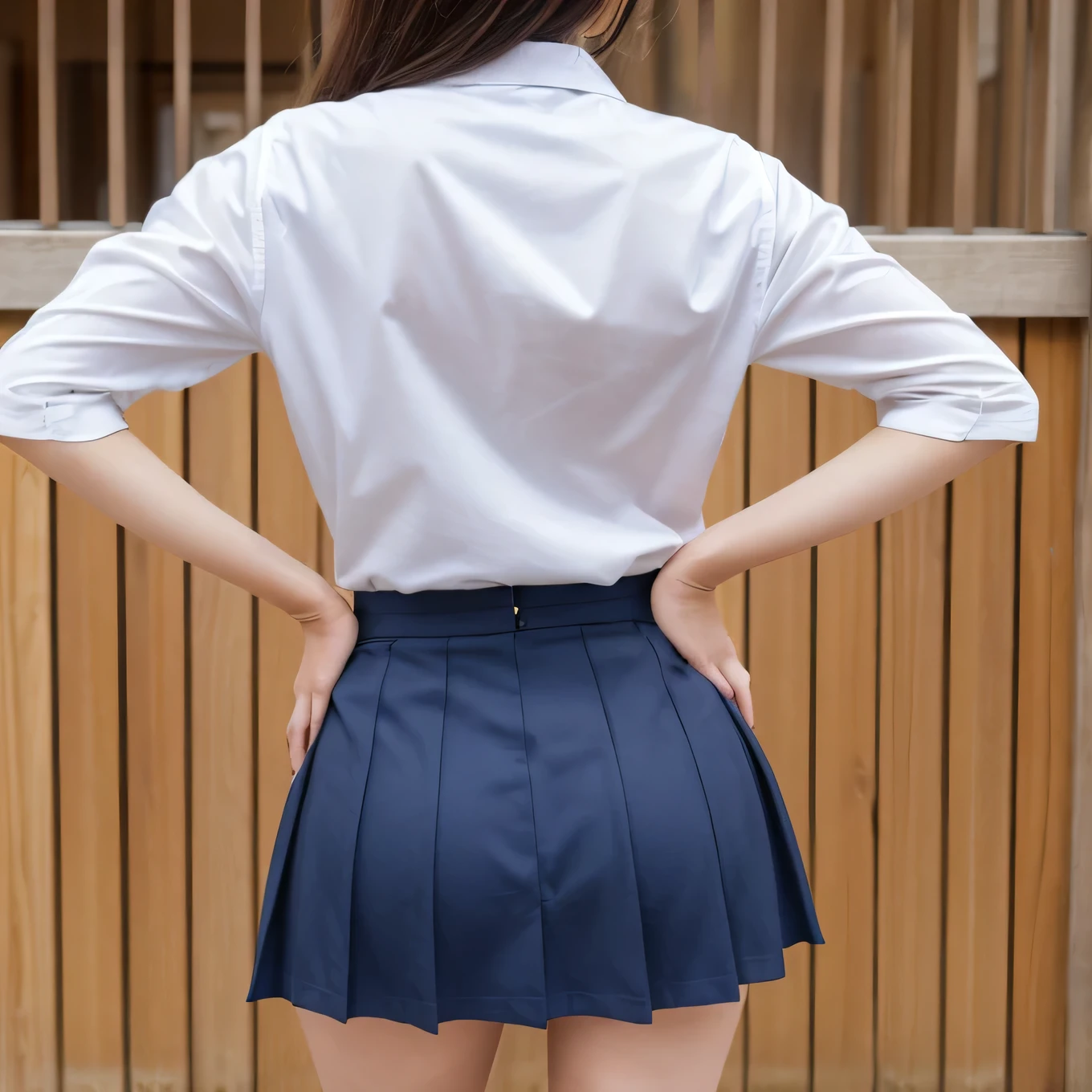 high quality,Highest quality,Detailed eyes,1women,single hair bun,middle hair,white blouse,navy blue plaid skirt,thong panty