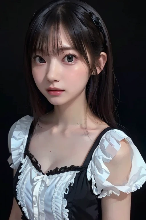 there is a woman with a white shirt and a black hair, ulzzang, white hime cut hairstyle, neat hair with bangs, she has black hair with bangs, with full bangs, sakimichan, cruel korean goth girl, with bangs, the hime cut, xision wu, jinyoung shin, 🤤 girl portrait, black hair and white bangs