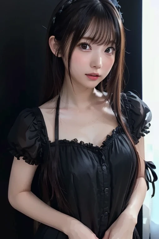 (realistic、Photoreal:1.37)、NSFW, incredibly absurd、(Panty shot), beautiful breasts, (Extremely detailed:1.3)、8K、(masterpiece)、(highest quality:1.4)、(Super high resolution:1.2)、(Raw photo:1.2)、super detailed background、Bedroom, Are sleeping,(unity 8k wallpaper)、1Nogizaka Girl、So cute、beautiful girl、18-year-old、(gothic loli fashion)、(zettai ryouiki:1.4), A delicate and beautiful face, eyes, and skin、Detailed black shiny hair、short bob, Small and medium breasts、cleavage、open chest、elegant frills、 frilled tie、ribbon tie、rose hair accessories、delicate lace、soft fabric、beautiful rose pattern dress、smile at the camera、cowboy shot、european castle landscape、professional lighting