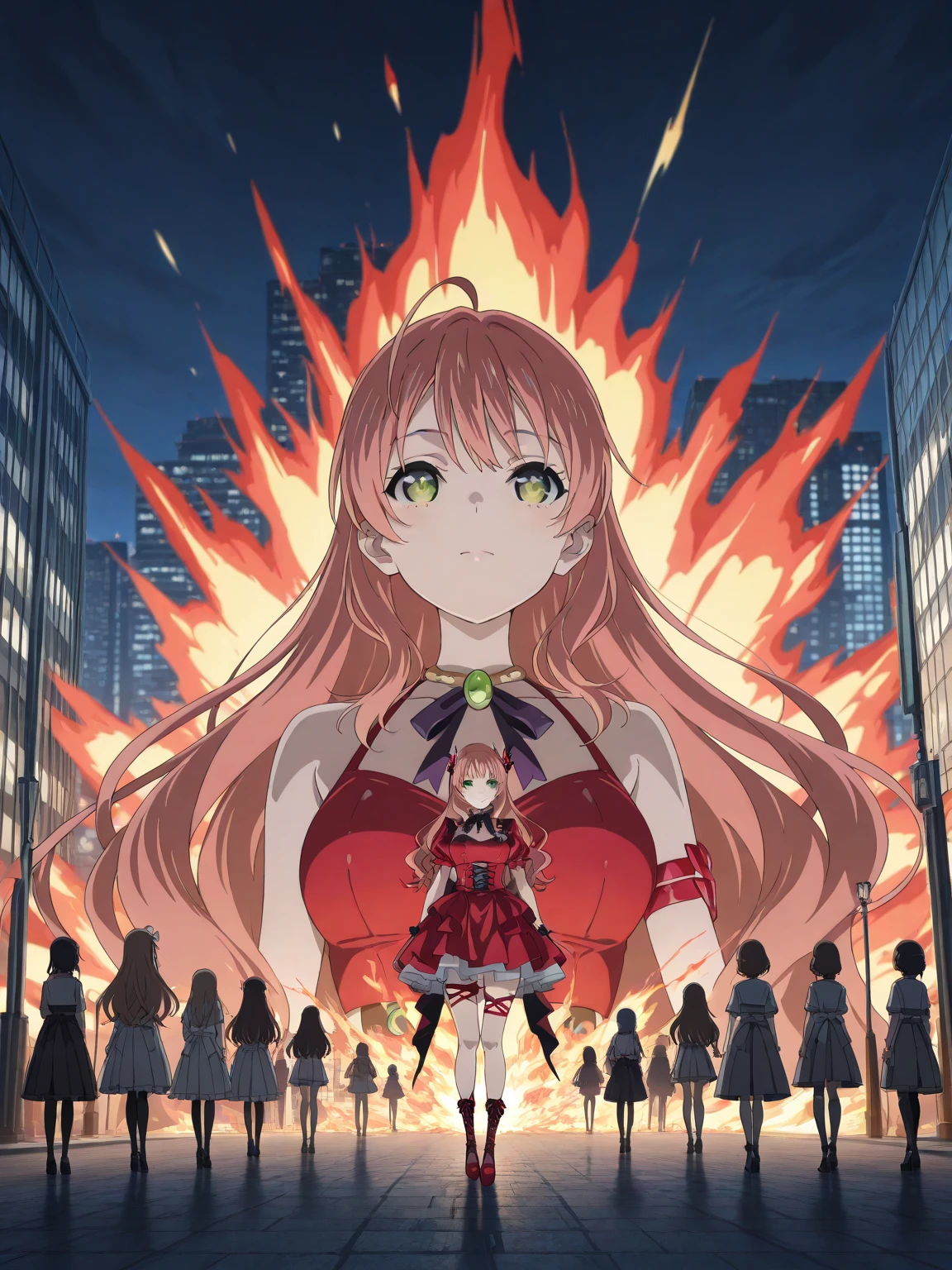 high score, masterpiece, Highest Quality, high image quality, detailed background, very delicate and beautiful, Smooth Hair, (two girls, Two people, Hanako and Ullmander, burst flames out of their mouths), city, night