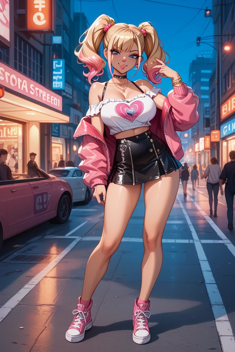 masterpiece, best qualified, 3d rending work, 3d, big eyes, cartoon face, 1girl, Alone, blush, surprised, graffiti from the wall on the street, spray can, stylized delinquent clothing, pink choker, huge breasts, sexy look, delicious wide hips, cameltoe, thick thighs, jewelry, parted lips, gothic, makeup, full body view, ((looking at the viewer)), ((dynamic pose)), fine detail, San Francisco street, day, ArtbyNoise, ((perfect shadow)), Best shade, best lighting