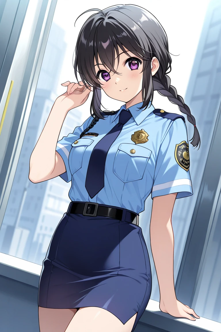 Accentuated thighs、chest、Beautiful black hair、1 girl、solo girl、Thick thighs、hand on own chest、smile、Miike Naeko,One girl,alone,police,police uniform,uniform,policewoman,skirt,tie,Twin tails,Black Hair