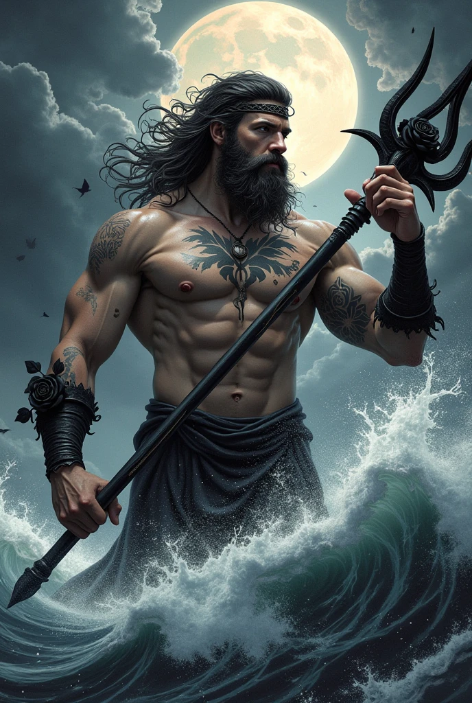 Black and gray hades image, muka, hands, bust and trident for tattooing