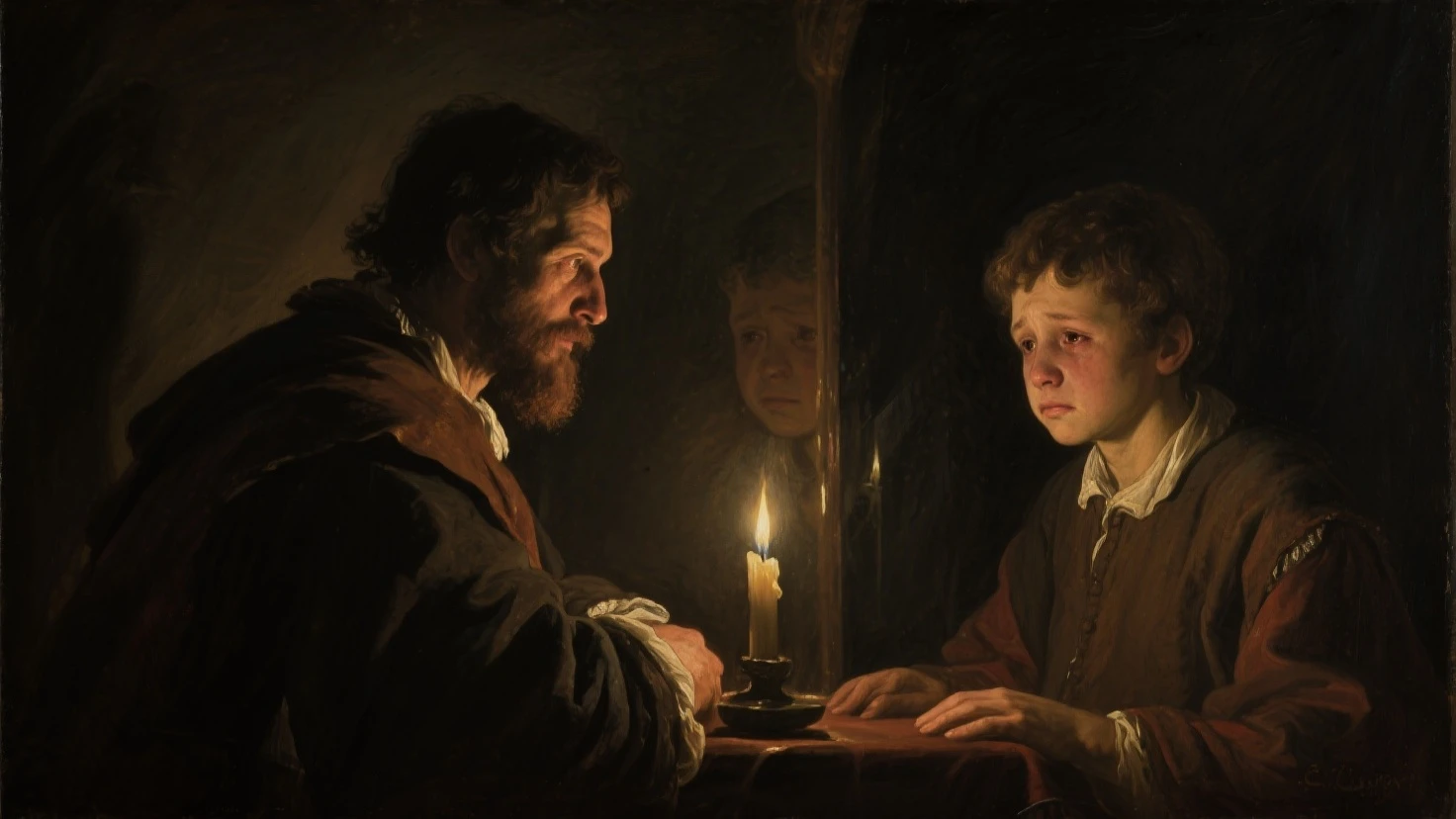 Candlelight a boy reading a book very seriously next to a wooden pendulum clock