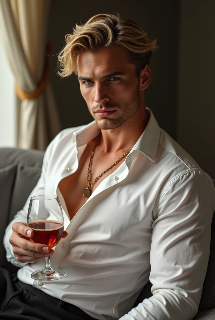 1 boy with perfect body, detailed white skin, with blonde hair, blue eyes athletic attractive body in the hotel with a glass of wine .ultra cinematic camera 
