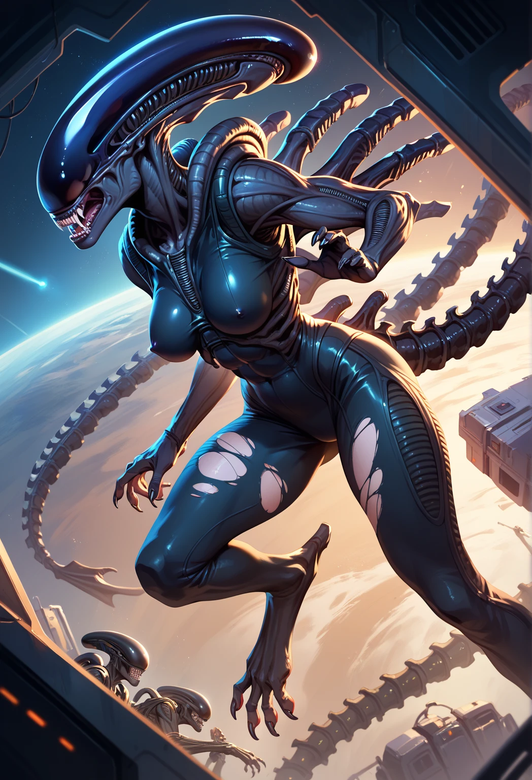 A female xenomorph in the vents system with big tits and curvy hips, vent system background, dripping with pussy, xenomorph tail.