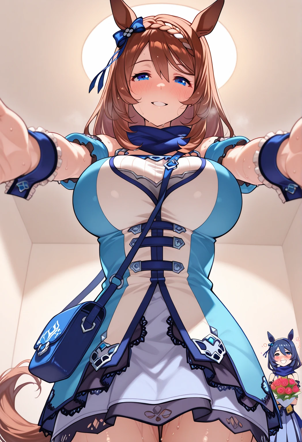 ((Masterpiece, best quality, high quality, highly detailed background)), ((chapel bedroom:1.3, medieval village window view, blue sky:1.3)), ((Nausicaa, mature female, white veil:1.3, white arm gloves:1.3, white stocking:1.3, (nude:1.3), large breasts:1.4)), ((shy, closed mouth, blushing)), ((cowboy shot, standing in front of the bed, sexy pose, (face focus), looking at viewer))