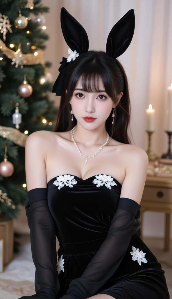 tmasterpiece、quality、ultra - detailed、Marilyn Takiocus Located on the thighs and above,Clear face,(Best quality at best), beauty girl:1.5、(fluffy off-shoulder dress style),long hair fluttering,Snowflake earrings、snowflakes falling、blurry、Snow World