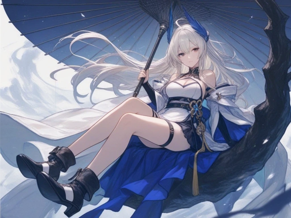 Anime girl sitting on snow,Snowman and umbrella in the background, splash art anime loli, from《azur lane》video game, azur lane style, from girls frontline, anime visual of a cute girl, 《azur lane》role, girls frontline style, top rated on pixiv, finelydetail. girls frontline, winter concept art, the anime girl is crouching