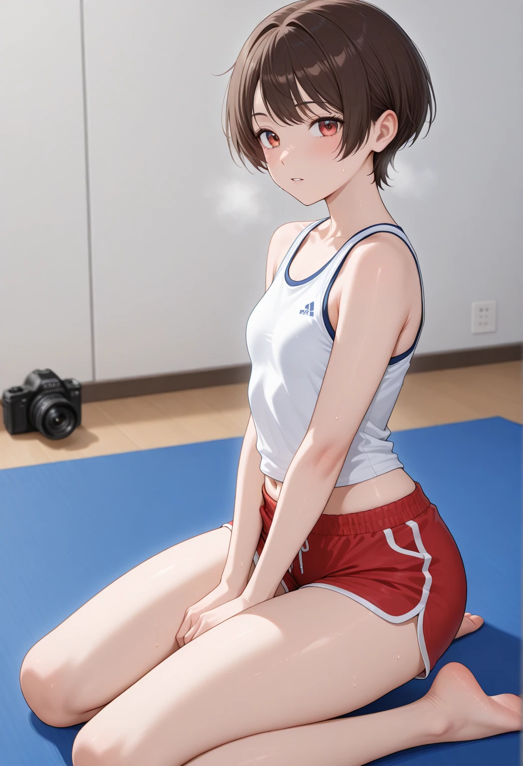 1girl in,Boyish handsome girl sitting with buttocks on the floor、doing gymnastics with legs spread.,middle school girl,Accurately drawn face,A dark-haired,Undercut shorthair,Slender but big breasts,erectile nipple,Navel,thin and beautiful raw legs,tre anatomically correct,Precise fingers,Sweaty skin,Sit with your buttocks on the floor、Flexibility exercise with legs spread,Sportsbra,Bloomer,espadrilles,photorealisim,masterpiece,hiquality,In the gymnasium,