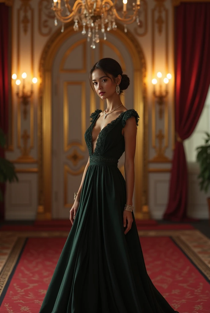 1 person, Caucasian female, 30 years old, slim waist, very tiny breasts, medium thighs, small stomach, beautiful black ball gown, Brunette, ponytail with split bangs, detailed face:1.5, diamond necklace, dark green eyes, elegantly standing, perfect face:1.5, 4k, ultra realistic