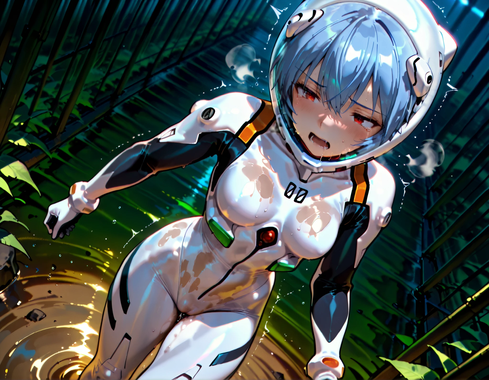 solo,super detail eyes, perfect face, Best Quality, extremely detailed face, perfect lighting, extremely detailed CG, perfect hands perfect anatomy, evangelion art style, White plugsuit, skintight, tight fit, small breast, Rei Ayanami, red eyes, blue hair, Short hair, cute face, lovely face, white-skinned pretty girl, Short stature,Mass sweat,covered in sweat,steam, wet_skin, sweatdrop, A huge amount of tears, I even have a runny nose, Drooling, Sweating profusely, Wrapped in steam, Tired look, bleary eyes, Open your mouth, Half-closed eyes,rough breathing, Heavy Breathing, wince expression,struggling for breath, walking, , wading, muddy swamp, dirty costume,trembling effect motion lines, wet crotch, squirt love juice, (eva helmet,full face helmet, White helmet,glass helmet, face visible through helmet, space helmet, PLUGSUIT HELMET:1.1), ,