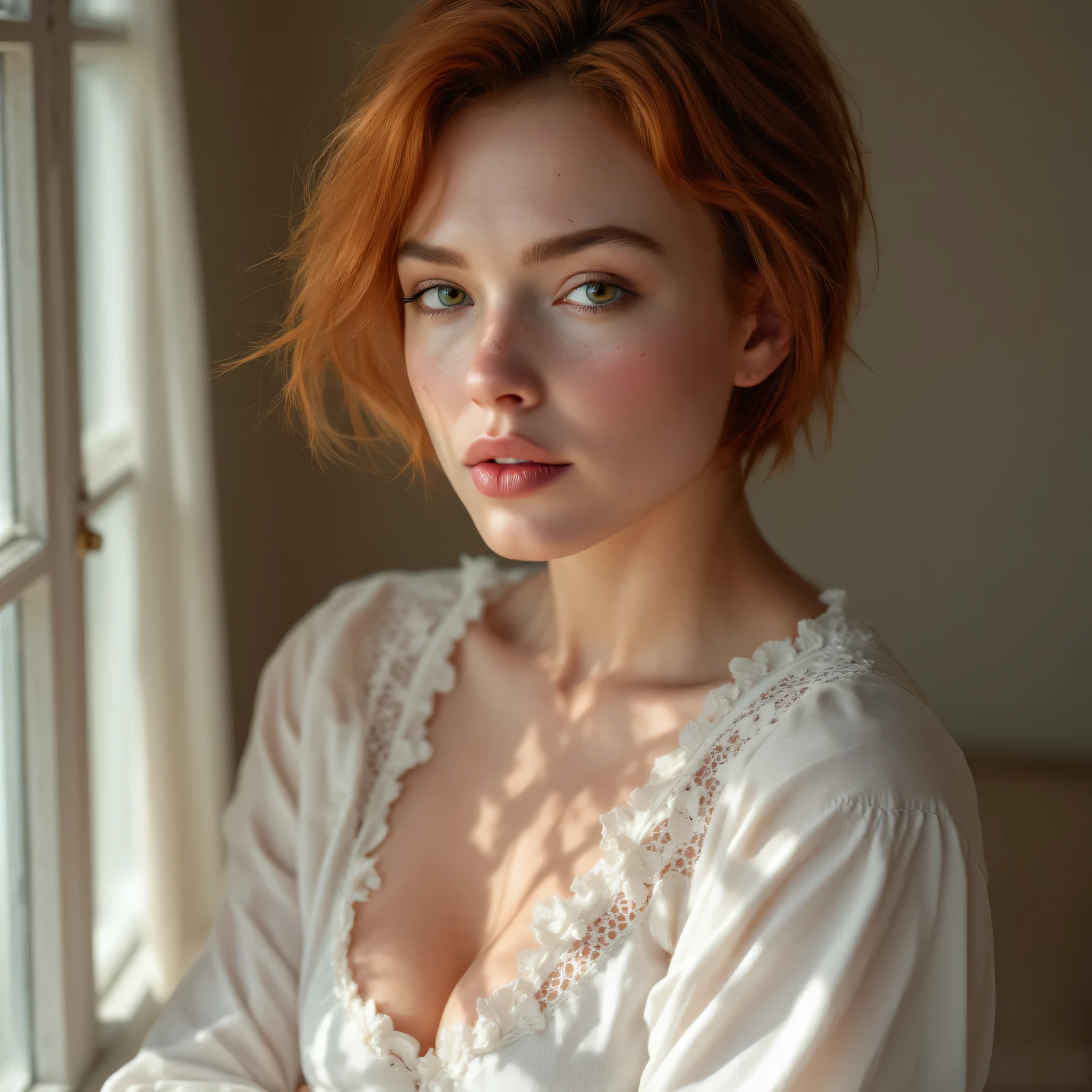 Masterpiece, a voluptuous, sexy, young 18 years old girl, redhead, cinematic, The portrait showcases a young redhead girl with a sexy demeanour, blueish eyes, sensual face, subtle freckles, big lips, small perky breasts, she is wearing a low cut miniskirt and a small transparent, lacy bra, shoulders, stomach, cleavage, Her hair is styled straight, elegantly framing her face with adorable short hair .Her face is illuminated by gentle lighting, highlighting her delicate features. The girl's eyes sparkle with a hint of curiosity and her lips form a subtle, shy smile. The background is heavily blurred consists of a outdoor nature summer scenery muted and warm-toned setting, providing a calm and serene atmosphere. F1.4. The composition focuses on the girl's face, capturing the intricate details of her flawless white skin, The overall image exudes sense of sexual desire and captures the beauty and gentleness of youth