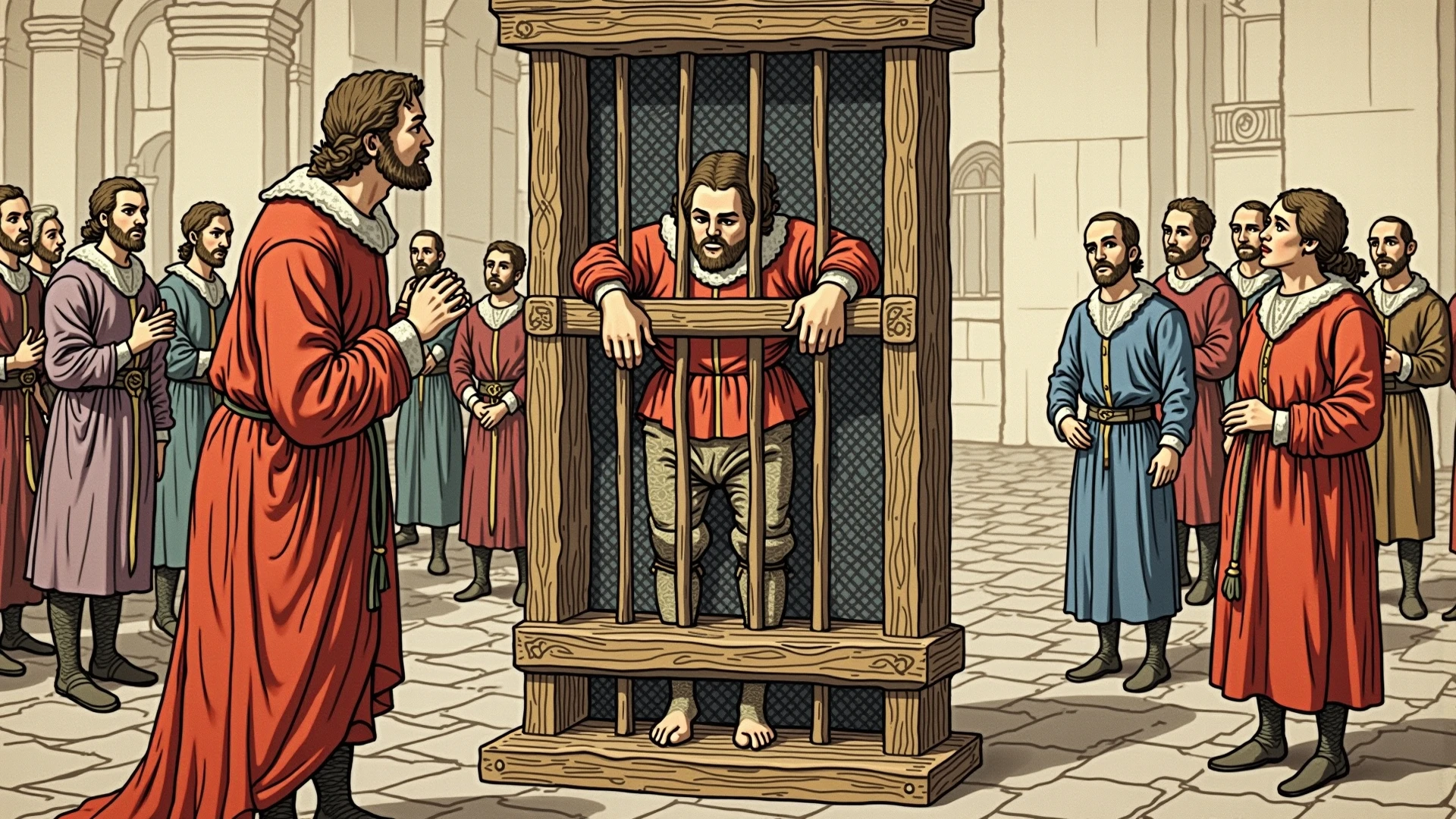 uma pintura de um homem com barba e um manto vermelho, Directed by: Paulo Szinyei Merse, in a prison cell, Directed by: Stefan Luchian, inspirado em Paulo Szinyei Merse, arte Jacek Malczewski, Soviet propaganda painting, shackles in his hands, the the man is wrapped in chains