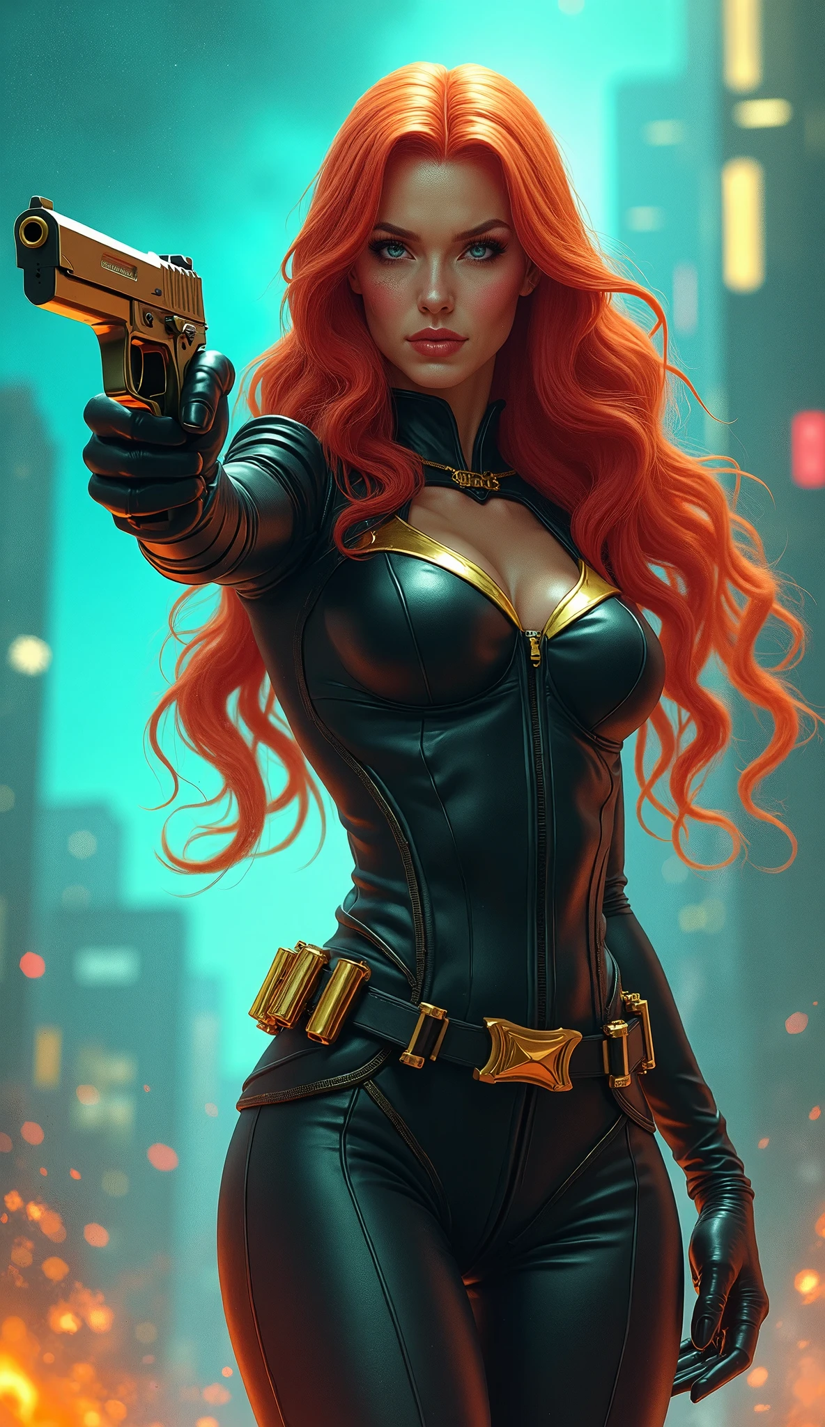 In this captivating image, the central female character (Penélope Cruz, beautiful face) exudes confidence and authority, her long straight red hair a vibrant contrast to the sleek black suit with gold accents, complete with gloves and boots that evoke a sense of uniformity. Her hands firmly grasp two pistols, their metallic surfaces and grips gleaming in the light as she surveys the dynamic background with a determined gaze. The explosion of colors behind her, featuring blues and greens, adds to the overall sense of energy and action, evoking the world of comic books or video games where she takes center stage as a powerful superhero, , retina, accurate, masterpiece, super detail, high details, best quality, award winning, highres, HD, 4K, 8k, 16k, retina, accurate, masterpiece, anatomically correct, textured skin, super detail, high quality, award winning, highres, 8k, 16k